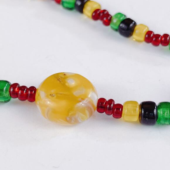 VTG 90s Mosaic Glass Beaded Necklace Red Yellow Green Afrocentric Boho Style - Picture 4 of 11